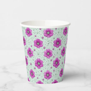 Pink Flowers Pattern With Droplets Paper Cups