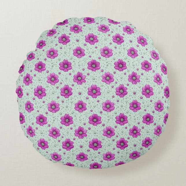 Pink Flowers Pattern With Droplets Round Pillow (Front)