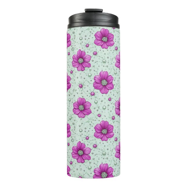 Pink Flowers Pattern With Droplets Thermal Tumbler (Front)