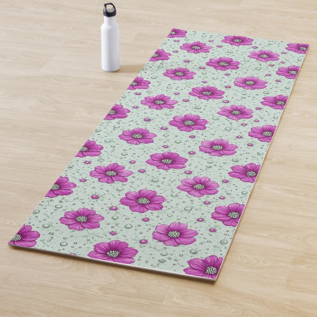 Pink Flowers Pattern With Droplets Yoga Mat (In Situ)