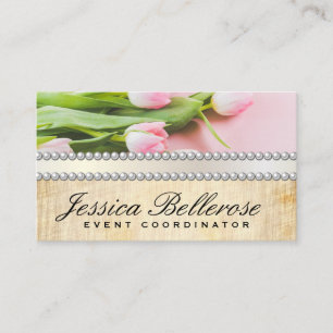 Pink Flowers Pearls Ribbon Business Card