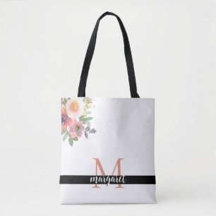 Pink Flowers Personalized Monogram Modern Elegant  Tote Bag