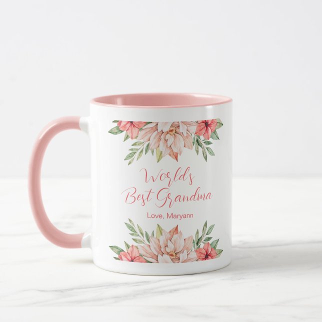 Pink Flowers Personalized World's Best Grandma Mug (Left)