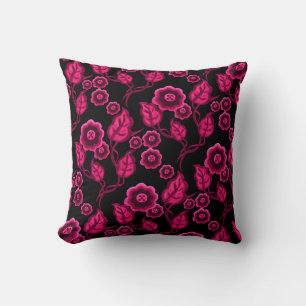Pink flowers, pink leaves, Folk art floral/black Throw Pillow
