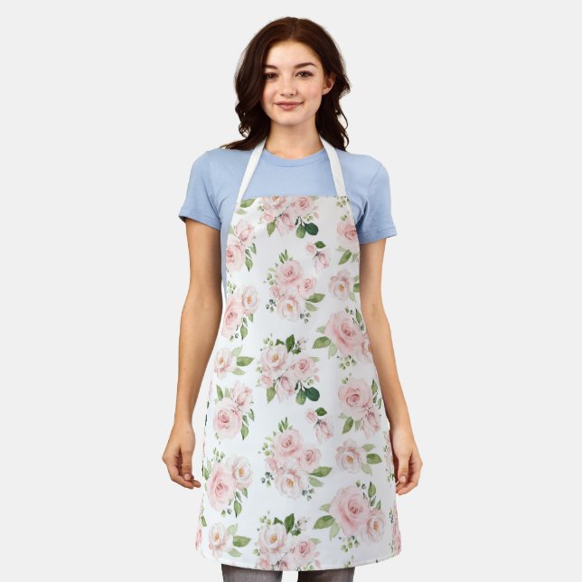 Pink Flowers, Pink Roses, Watercolor Flowers Apron (Worn)