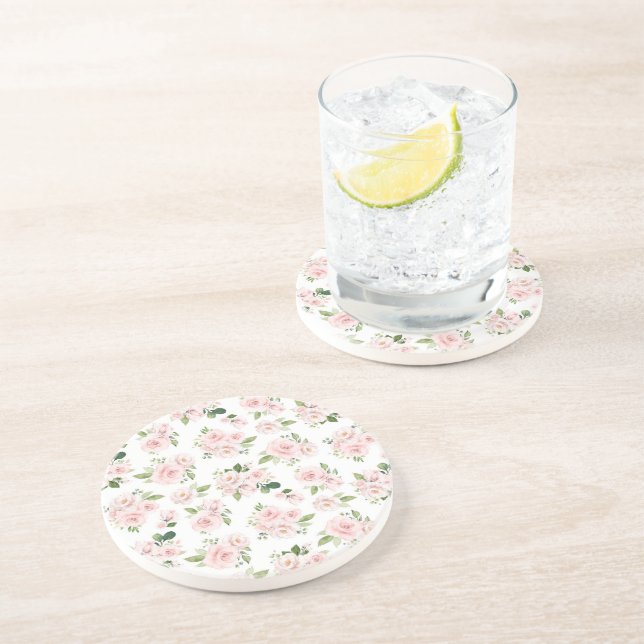 Pink Flowers, Pink Roses, Watercolor Flowers Coaster (Side)