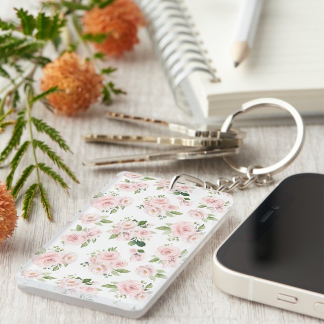 Pink Flowers, Pink Roses, Watercolor Flowers Keychain (Front Right)