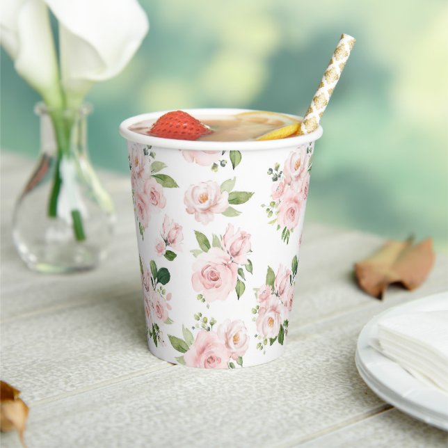 Pink Flowers, Pink Roses, Watercolor Flowers Paper Cups (Insitu)