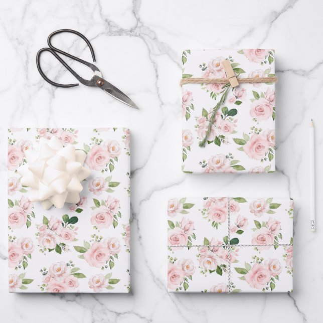 Pink Flowers, Pink Roses, Watercolor Flowers Wrapping Paper Sheet (Front)