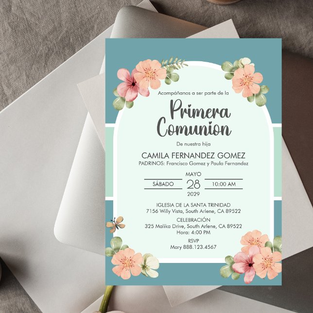 Pink Flowers Primera Comunion Cute First Communion Invitation (Creator Uploaded)