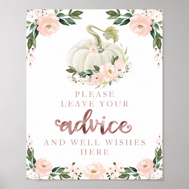 Pink Flowers Pumpkin Baby Shower Advice Sign (Front)