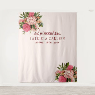 Pink flowers quinceañera photo booth backdrop tapestry