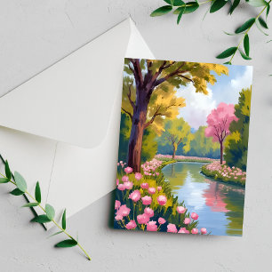 Pink Flowers River Garden Blooming Watercolor Card
