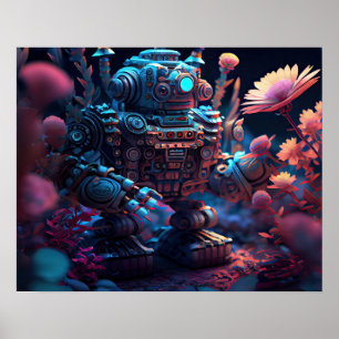 Pink Flowers Robot Poster