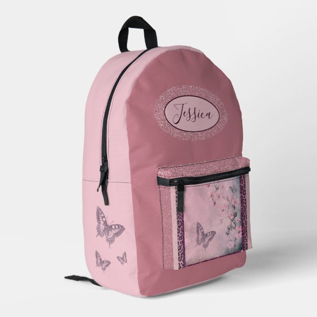 Pink flowers, rose, glitter pink backpack (Back Corner Left)