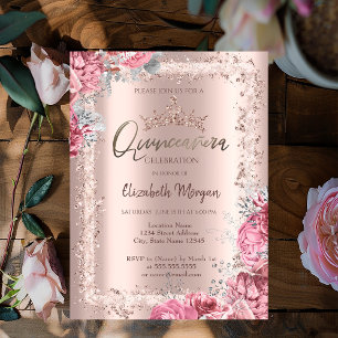 Pink Flowers Rose Gold Glitter Frame Crown Invitation