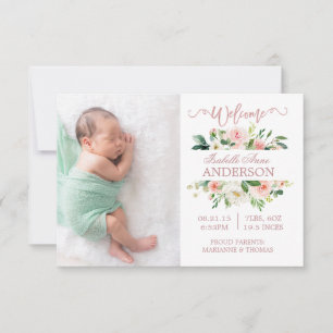 Pink Flowers Rose Gold Photo Birth Announcement