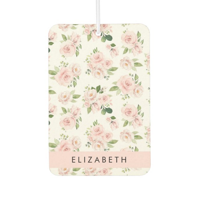 Pink Flowers, Roses, Watercolor Flowers, Your Name Air Freshener (Front)