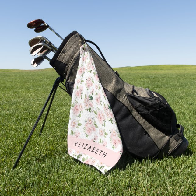 Pink Flowers, Roses, Watercolor Flowers, Your Name Golf Towel (Green)