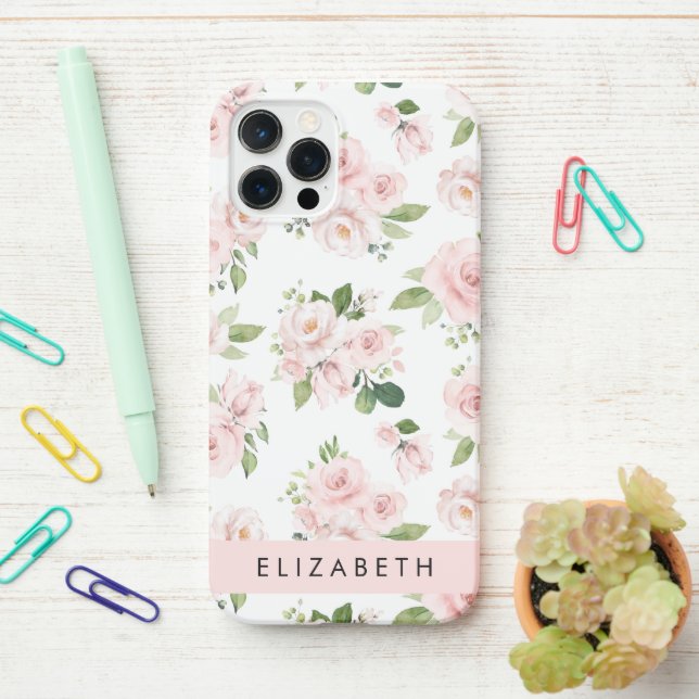 Pink Flowers, Roses, Watercolor Flowers, Your Name iPhone Case (On Desk)
