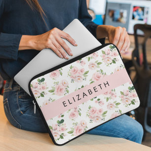 Pink Flowers, Roses, Watercolor Flowers, Your Name Laptop Sleeve