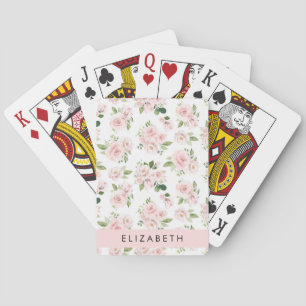 Pink Flowers, Roses, Watercolor Flowers, Your Name Playing Cards
