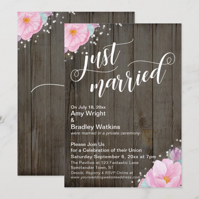 Pink Flowers Rustic Just Married Reception-Only Invitation (Front/Back)
