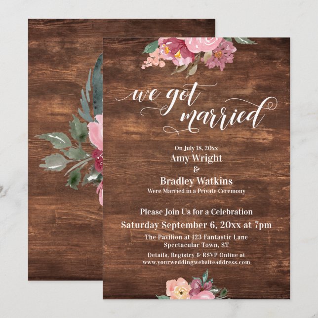 Pink Flowers Rustic We Got Married Reception-Only Invitation (Front/Back)
