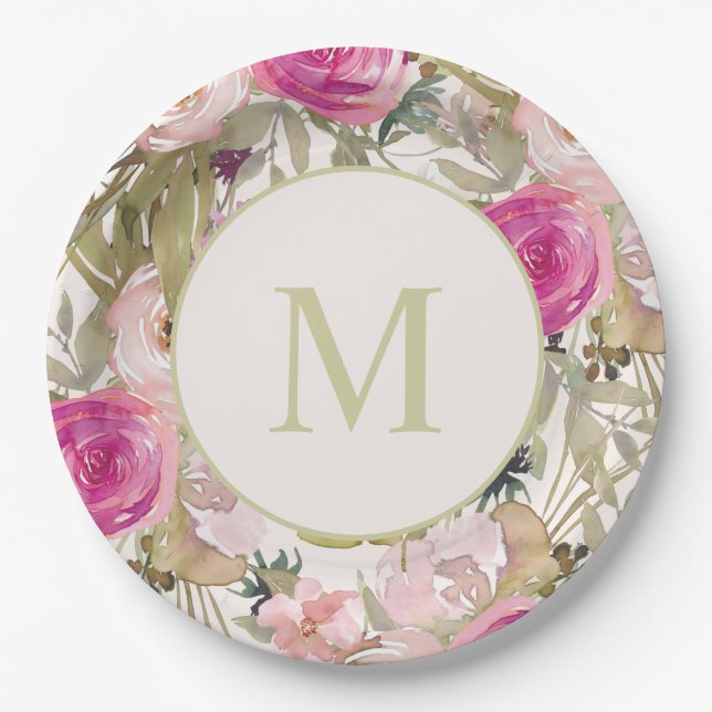 Pink Flowers Sage Green Leaves Monogram Initial  Paper Plate (Front)