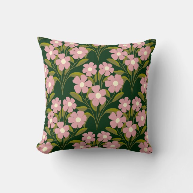 Pink Flowers Sage Green Leaves pattern  Throw Pillow (Front)