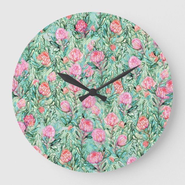 Pink flowers, sage green, seamless. large clock (Front)