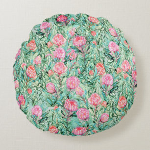 Pink flowers, sage green, seamless. round pillow