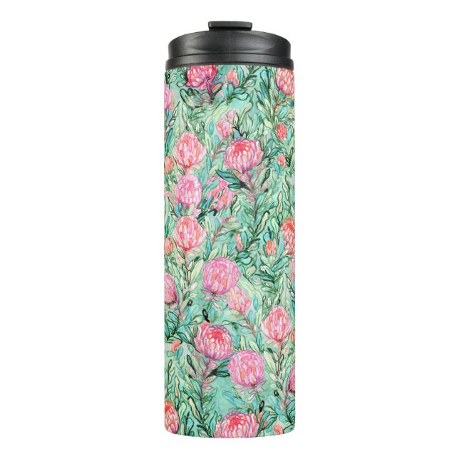 Pink flowers, sage green, seamless. thermal tumbler (Front)