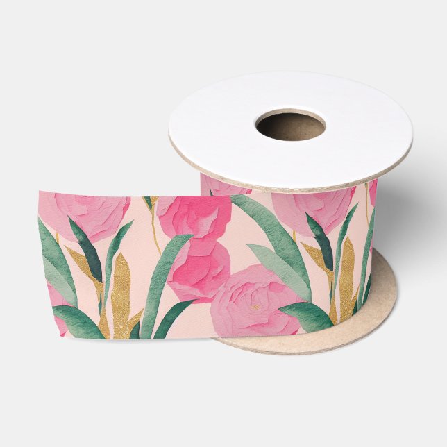 Pink Flowers Satin Ribbon (Spool)