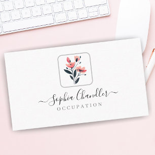 Pink Flowers, Script Name, Simple Classy Business Card