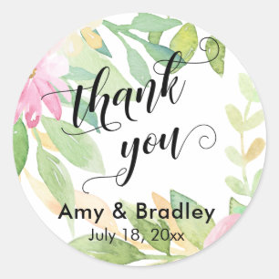 Pink Flowers Script Thank You Personalized Wedding Classic Round Sticker