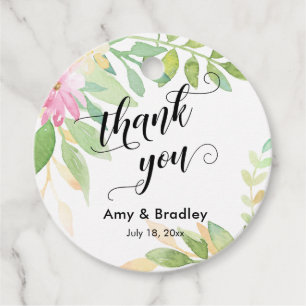 Pink Flowers Script Thank You Personalized Wedding Favour Tags