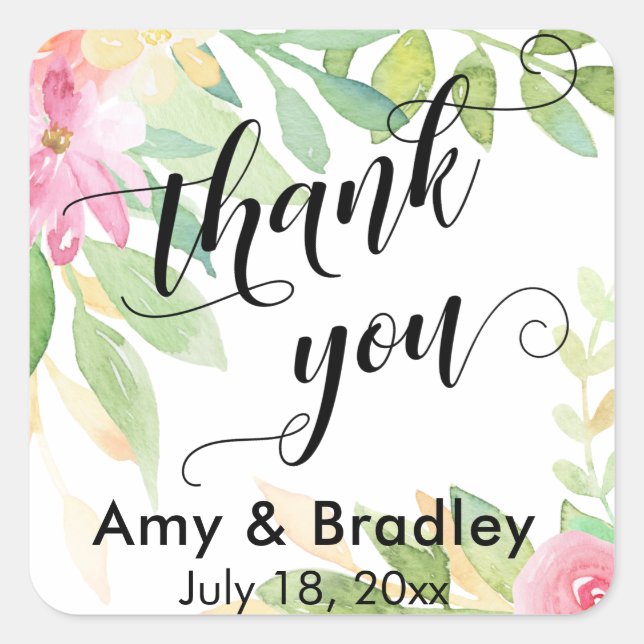 Pink Flowers Script Thank You Personalized Wedding Square Sticker (Front)