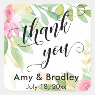 Pink Flowers Script Thank You Personalized Wedding Square Sticker