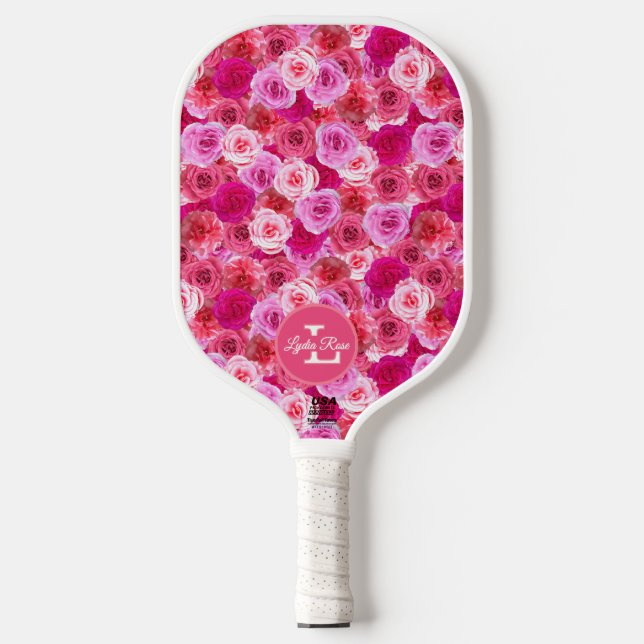 Pink Flowers Shades of Pink Floral Personalized  Pickleball Paddle (Front)