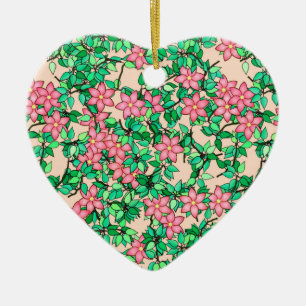 Pink flowers, soft peach background ceramic ornament