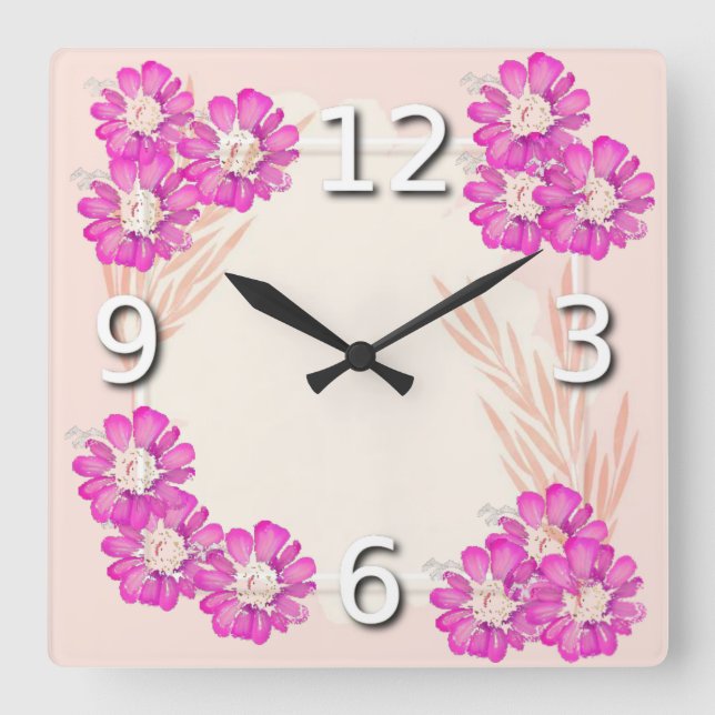 Pink flowers square wall clock (Front)