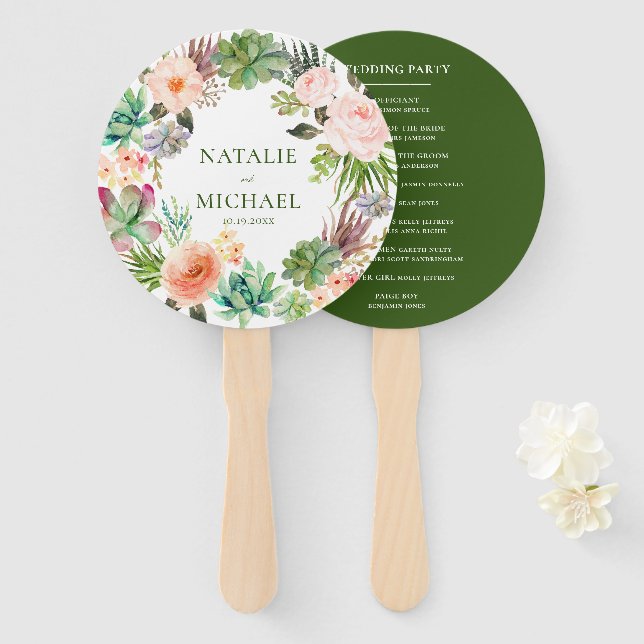 Pink Flowers Teal Green Succulent Cactus Wedding Hand Fan (Front and Back)