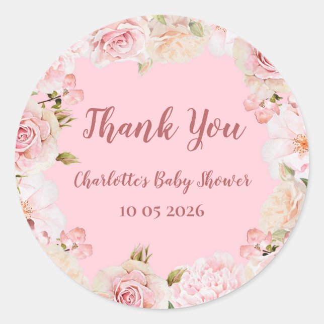 Pink Flowers Thank You Baby Shower Favour Tag (Front)