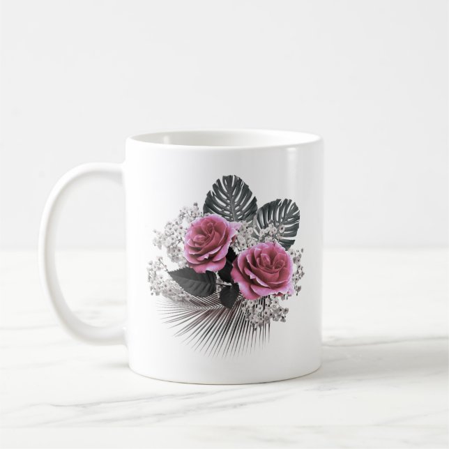 Pink Flowers Tropical Leaves Coffee Mug (Left)