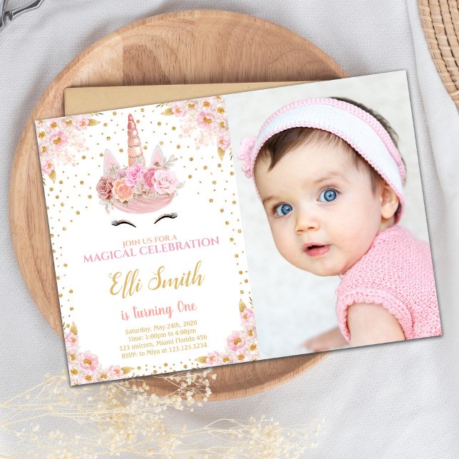 Pink Flowers Unicorn Birthday Invitations w photo (Pink Flowers Unicorn Birthday Invitations w photo)