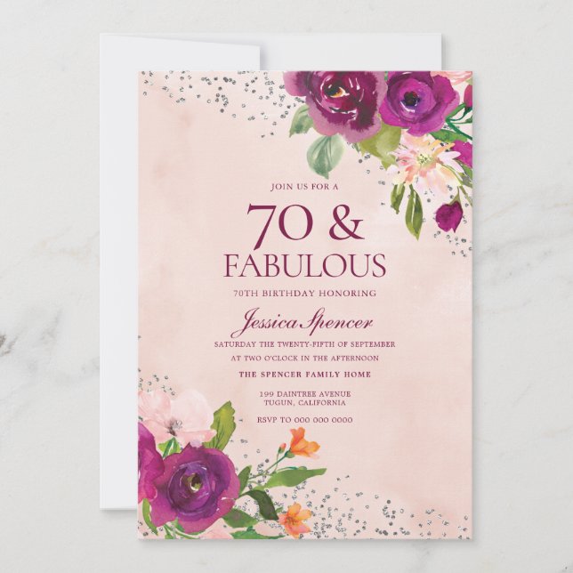 Pink Flowers Watercolor Back 70th Birthday Party Invitation (Front)