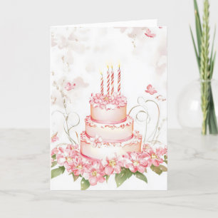 Pink Flowers Watercolor Cake Holiday Card