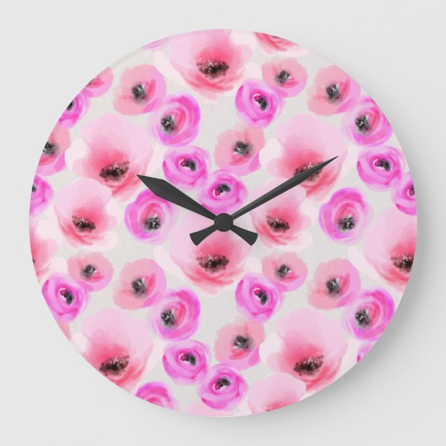 Pink Flowers Watercolor Digital Art Large Clock (Front)