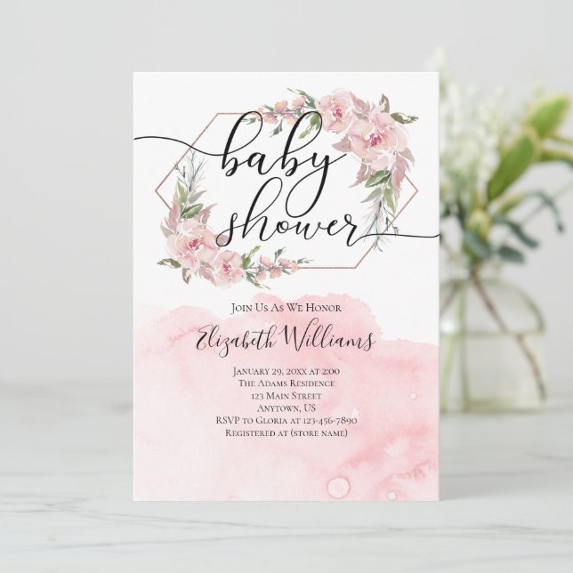 Pink Flowers Watercolor Girl Baby Shower Invitation (Standing Front)